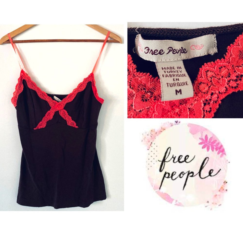 Brown camisole with pink lace trim (Sz M) - Free People